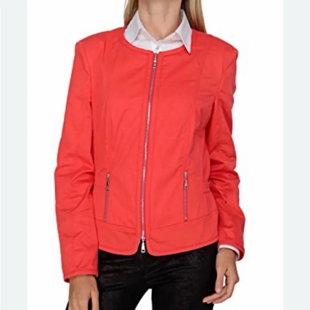 BASLER coral light weather moto jacket w zipper accents tie waist detail. Sz M